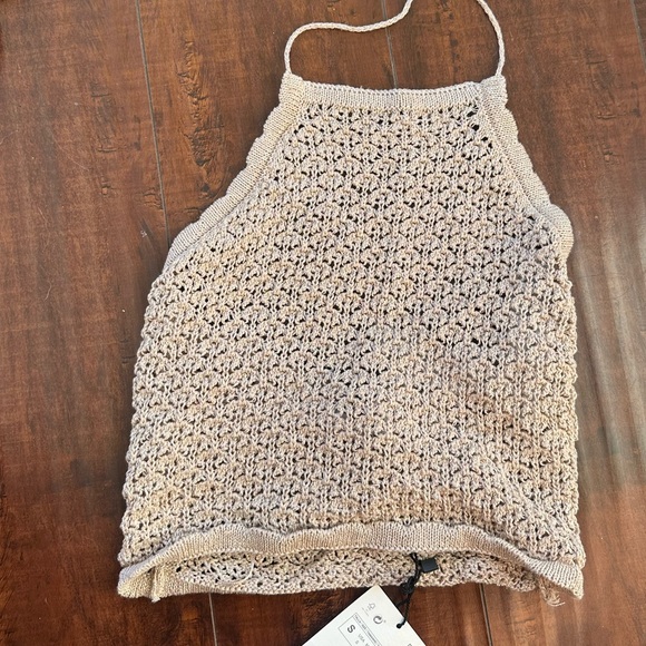 NWT Zara Silver Nude Tan Knit Metallic Halter Top Crop Tie Top Pointelle Thread - Picture 4 of 4